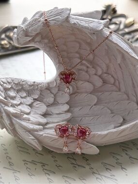 Heart Gem Rose Gold Plated Sterling Silver Necklace Earrings Set Pink Stones